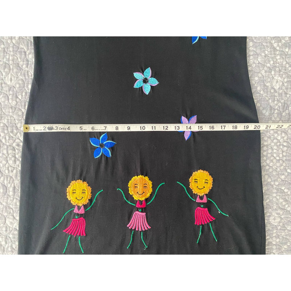 Michael Simon Lite Black Knee Length Dress Rare Embroidered Hula Flowers Medium - Picture 9 of 13
